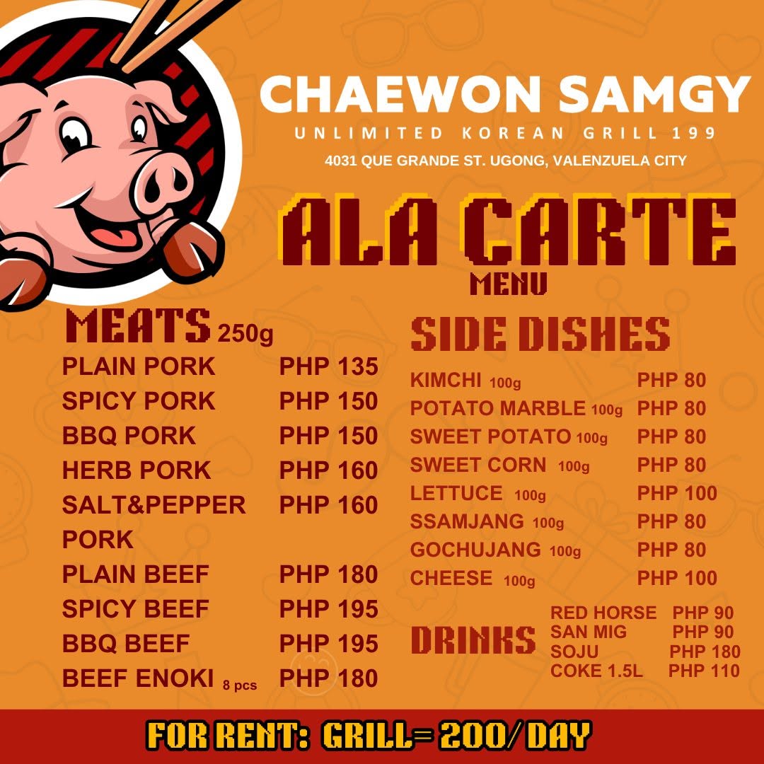 Chaewon Samgy Ala carte menu
