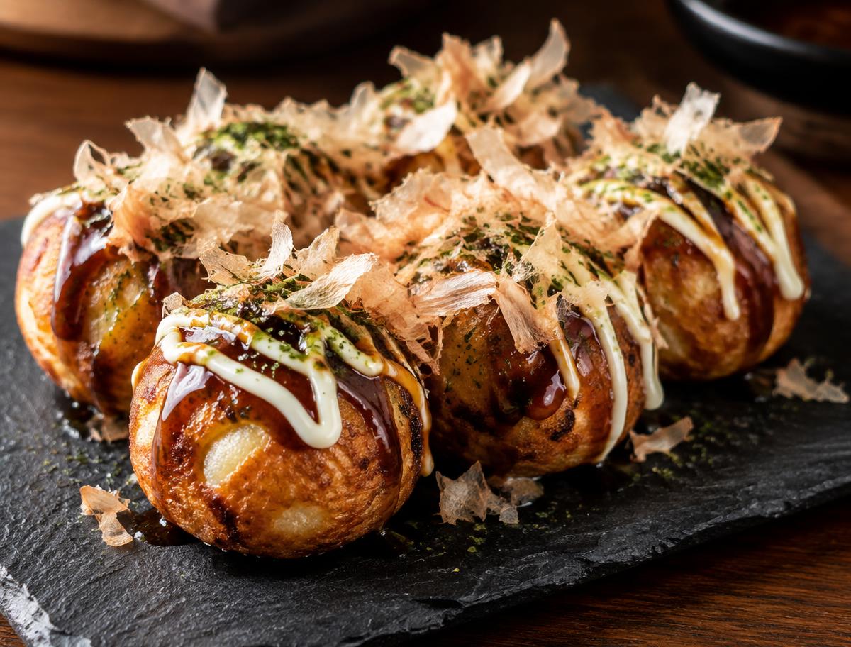 Takoyaki with bonito flakes and sauce